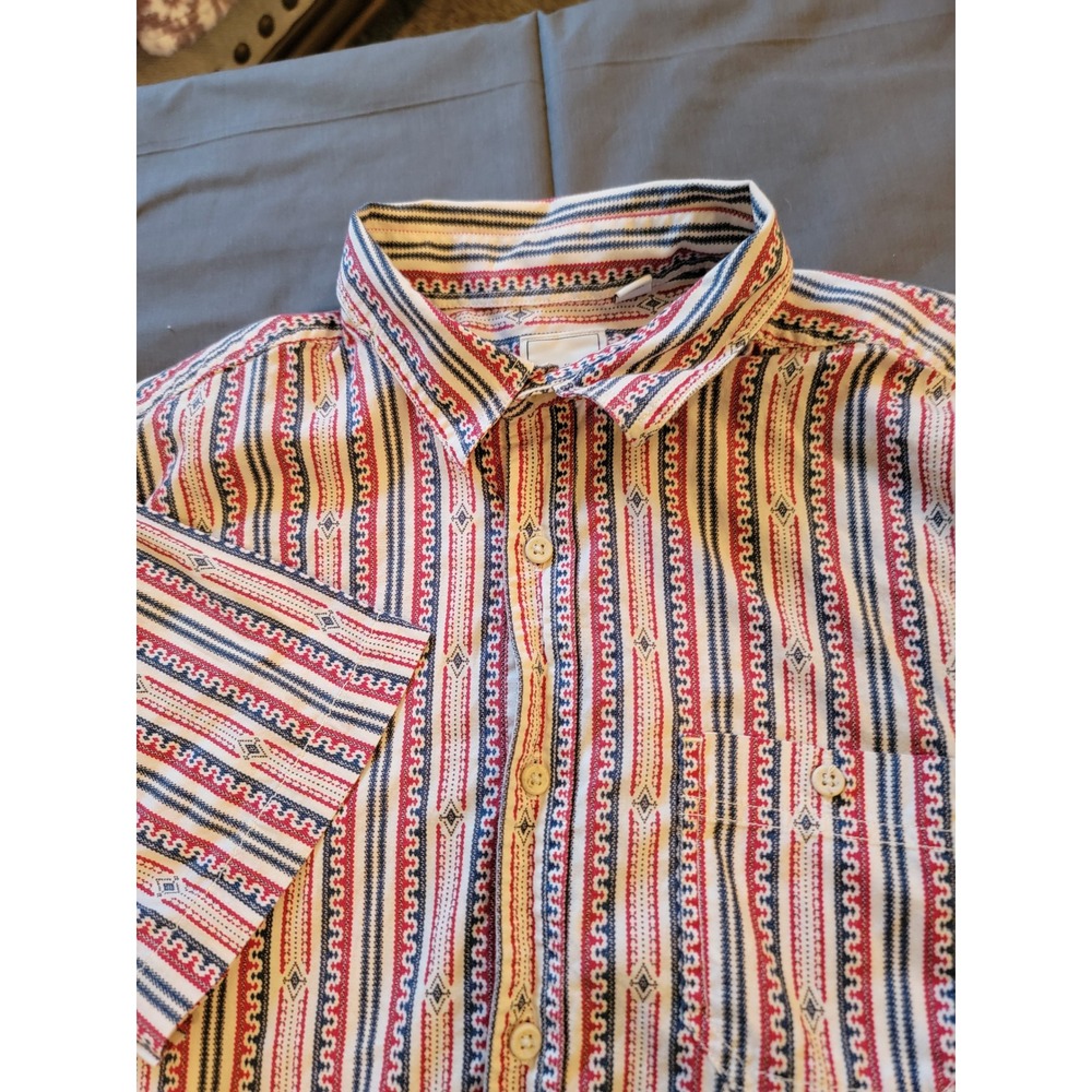 ROWM Button Down Shirt Mens Large Red Blue White Excellent Southwestern Stripe